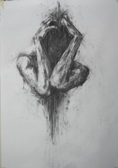 a black and white drawing of a person holding their head