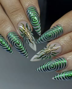 Gator Skin Nails, Trippy Almond Nails, Green And Purple Acrylic Nails, Sick Nail Designs, Lost Lands Nails, Green Leaves Nails, Goosebumps Nails, Cool Nail Art Designs Unique, Wicked Nails Musical