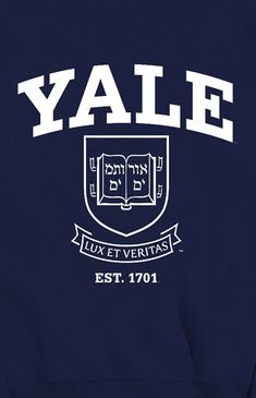 a blue sweatshirt with the word yale written in white and an image of a shield