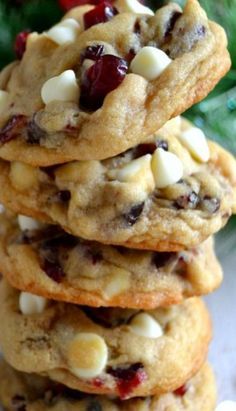 white chocolate cranberry cookies stacked on top of each other