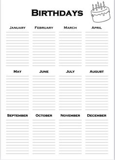 a birthday calendar with the words, months and numbers in black on a white background