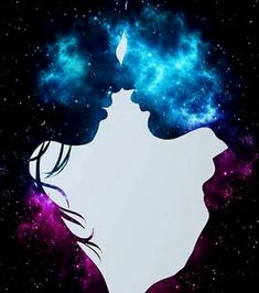 the silhouette of a woman's head is surrounded by stars and blue, purple, and pink hues