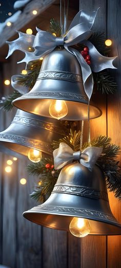 bells with bows and lights hanging from them