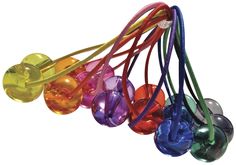 an assortment of colorful glass balls hanging from a string on a white background with clippings