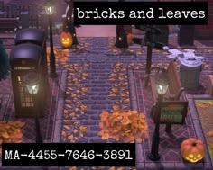 a halloween scene with pumpkins and mailboxes on the ground in front of them