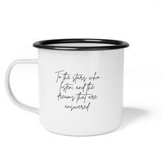 This enchanting Enamel Coffee Cup is inspired by the Velaris City of Starlight from the ACOTAR fantasy series by Sarah J. Maas. Perfect for fans of the book looking to bring a touch of magic to their morning coffee routine. Ideal for fantasy lovers and bookworms, great for cozy evenings reading your favorite novel. Product features - Vibrant colors for crisp designs - Durable enamel material - Dishwasher-safe for easy cleaning - 12oz size perfect for coffee or tea - BPA and lead free Care instructions - Clean in dishwasher or wash by hand with warm water and dish soap Suriel Tea, Acotar Ceramic, Acotar Candles, Velaris Mug, Bookish Coffee Mugs, Fantasy Lovers, Favorite Novels, Coffee Routine, Sarah J