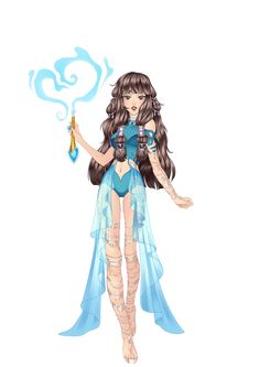 a drawing of a girl with long hair holding a wand and wearing a blue dress