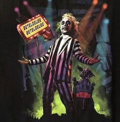 a shirt with a clown holding a sign in front of it that says, beth globs beetlegeuse