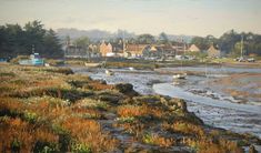 an oil painting of boats on the water and houses in the distance with trees around them