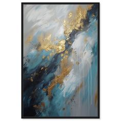 an abstract painting with gold and blue paint on the canvas, framed in black frame