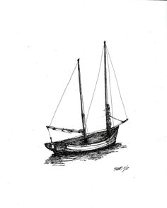 an ink drawing of a sailboat on the water