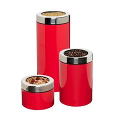 three red canisters with food in them and one has a lid for the container