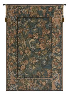 an antique tapestry with flowers and birds on it, hanging from the side of a wall