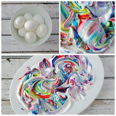 the process for making rainbow swirl cake is shown in three different pictures, including eggs and icing