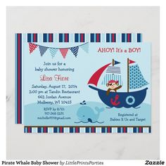 Invitación Ballena Baby Shower del pirata - Baby shower para niños Nautical Baby Shower Boy, Art Birthday Party Invitations, Fox Baby Shower Invitations, Safari Baby Boy, Art Party Invitations, Baby Shower Invitation Boy, Chalkboard Baby, Whale Theme, Airplane Baby Shower