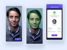 three smartphone screens showing the facial recognition process for two men, one with an image of a man's face