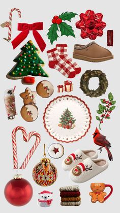 various christmas items are arranged on a white background