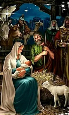 an image of the birth of jesus with his family and baby jesus in a manger scene