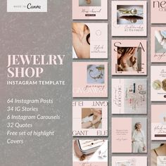 the jewelry shop instagram template is displayed on a gray and pink background with white lettering