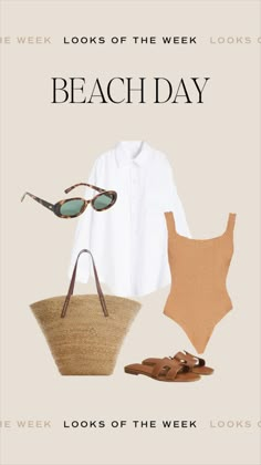 a woman's clothes and accessories are featured on the cover of beach day