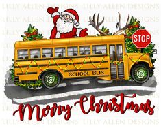 a yellow school bus with santa claus on top