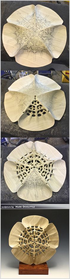 three different views of an intricately carved wooden object