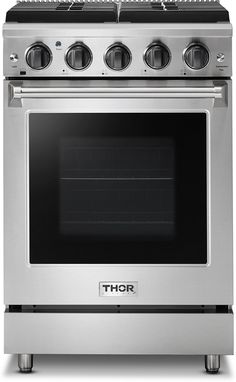 the thor range is stainless steel and has four burners, two ovens, and one