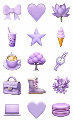 various purple items are arranged in the shape of hearts, flowers, and other things