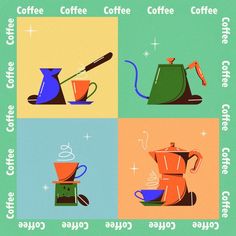 four different types of coffee and teapots on the same color background, each with their own name