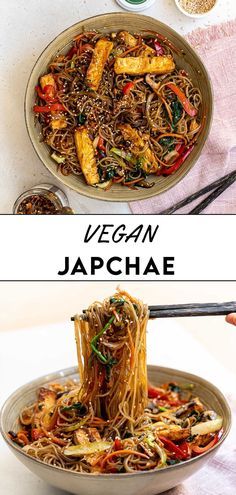 two pictures showing different types of vegan japanese noodles in various pans with chopsticks