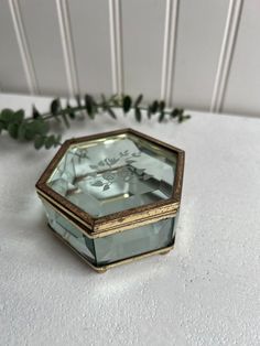 a small glass box sitting on top of a white table next to a green plant