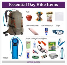 the contents of a backpack and its contents are shown in this graphic above it is an info sheet with instructions on how to pack for hiking