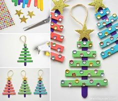 christmas tree made out of popsicle sticks and other crafting supplies are shown here