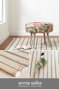 a bench sitting on top of a rug in front of a window next to a book