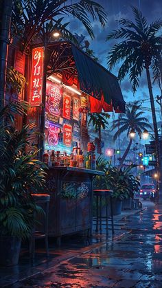 a bar with neon signs and palm trees in the background on a rainy day at night