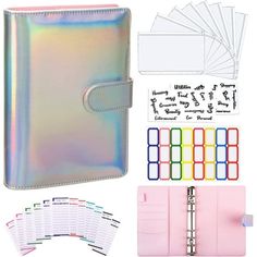 the contents of a holographic notebook are shown in different colors and sizes, including white