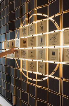 a woman is pointing at some type of artwork on a wall that has many framed images