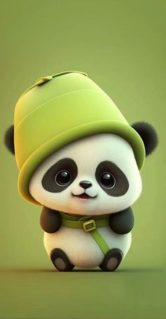 a panda bear wearing a green hat and sitting down