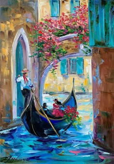 a painting of a gondola with people in it