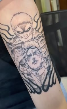 a person with a tattoo on their arm that has an image of two people in the background