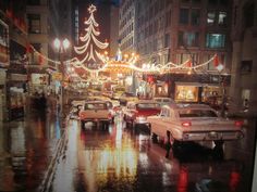 cars are parked on the street in front of christmas lights