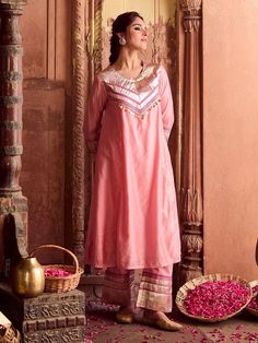 Buy Powder Pink Chanderi Gota Embroidered Kurta with Pants- Set of 2 | VJ211F24/01/KP/PINK/VJ211 Navratri Outfits, Model Blouse, Vibrant Outfits, Latest Model Blouse Designs, Blouse Models, Indian Aesthetic, Kurta With Pants, Powder Pink, Designer Suits