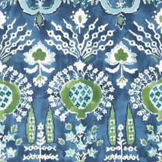 a blue and green wallpaper with flowers on it