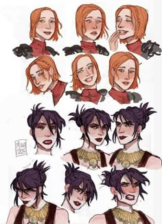 the character sheet for an upcoming project, with different facial expressions and hair color options