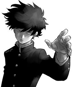 an anime character in black and white holding his hand up to the side with both hands