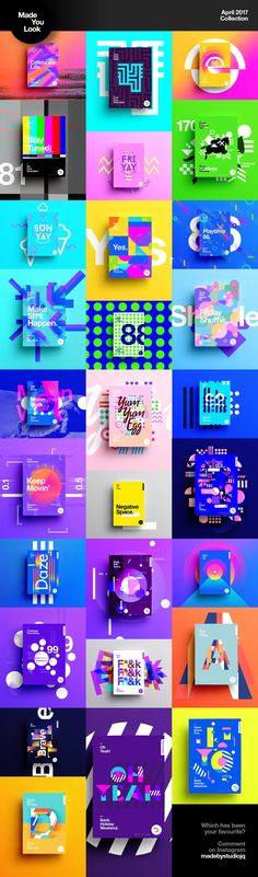 an array of colorful banners with different shapes and sizes