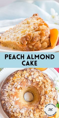 Peach almond bundt cake on white plate with text overlay. Almond Bundt Cake, Cake Recipe Moist, Peach Pound Cakes, Almond Muffins, Almond Pound Cakes, Almond Cake Recipe, Sheet Cake Recipes