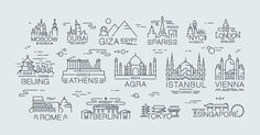 the symbols of different countries arranged in a circle on a gray background illustration for travel and tourism