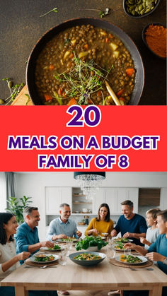 people sitting around a table with food on it and the words 20 meals on a budget family