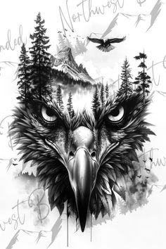 an eagle with the words nature written on it's face and mountains in the background